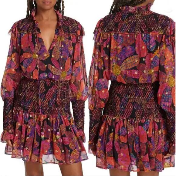 Farm Rio | NWT Heart Daisy Smocked Mini Dress Floral Long Sleeve | Sz XS - Picture 12 of 12